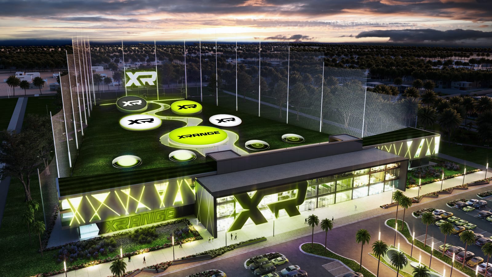 Aerial view of the XRANGE concept at dusk: a two-storey clubhouse with illuminated XR signage beside a floodlit range with circular target greens and perimeter netting.