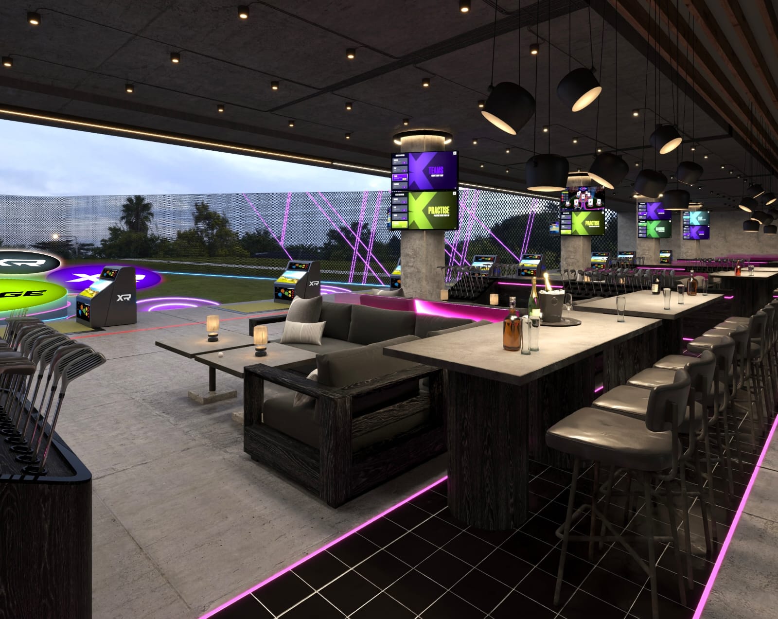 Evening view along the bay level with lounge seating, bar tables and scoring screens lit in magenta and violet, looking out to the range.