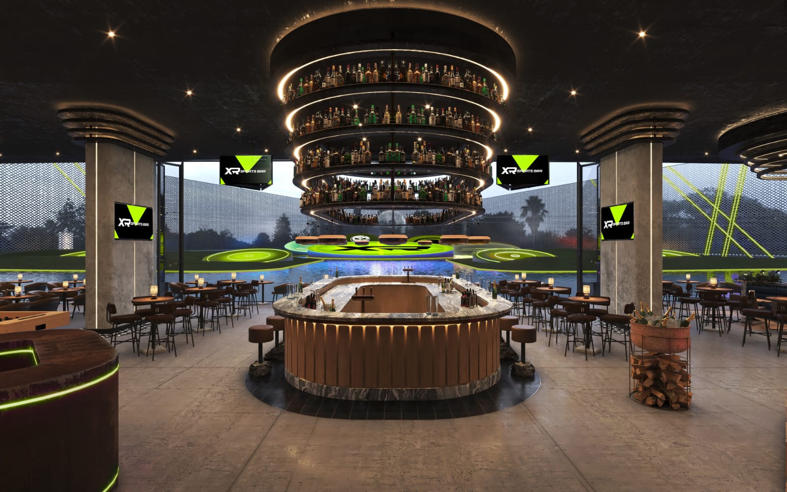 Interior of the XRANGE sports bar: a circular island bar under a multi-tier suspended bottle display, surrounded by high tables and stools, with the range visible through open sides.